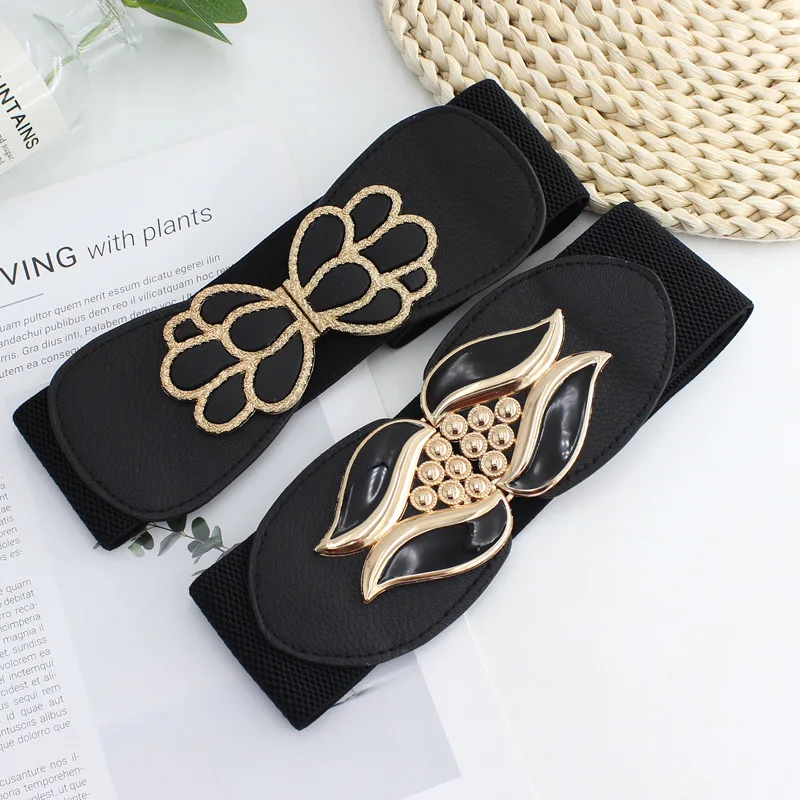 

Female Black Elasticity Wide Waistband Metal Buckle Belt for Women Stretch Cinch Band Dress Overcoat Clothing Accessories