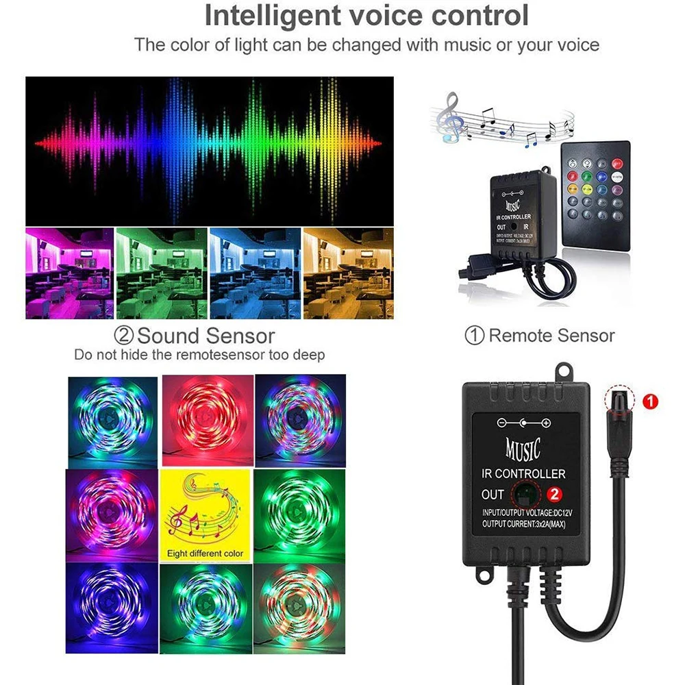 New 20 music keys IR controller black Remote sound sensor for 3528 5050 RGB LED strip Lights high quality 12V-24V with Battery | Лампы и