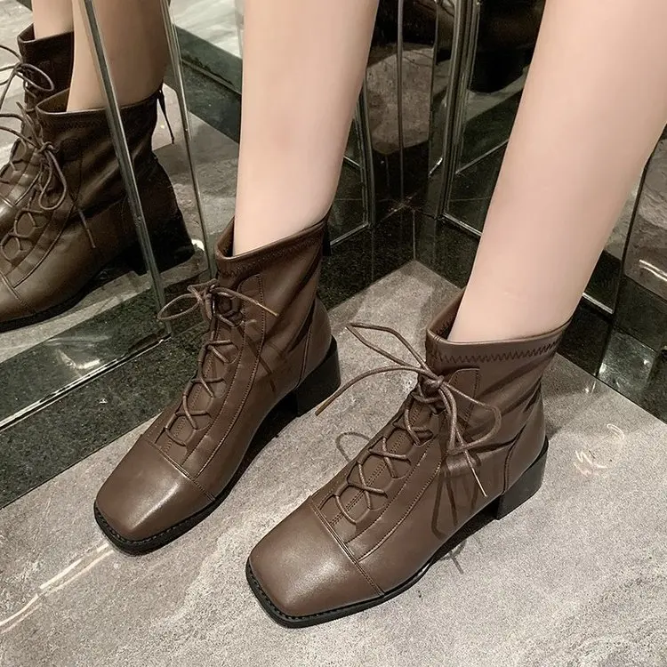 

2020 New Mid-calf Boots High Heels Autumn Winter Lace Up Ladies Shoes Woman Square Toe Elegant Office Pumps Ladies Boots