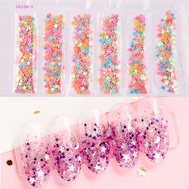 1 сумка Радужный Блеск для ногтей звезды сердце цветы формы бабочек хлопья