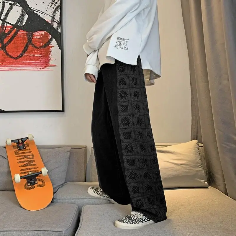 

2021 Spring And Autumn New Youth Popular Men's Loose Washed Thick Cashew Flower Printed Jeans Fashion Casual Straight Pants