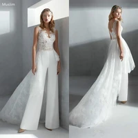 fairy overskirt pant suit wedding dress 2021 v neck lace tail boho wedding dress jumpsuit country garden wedding gown 2021 bride