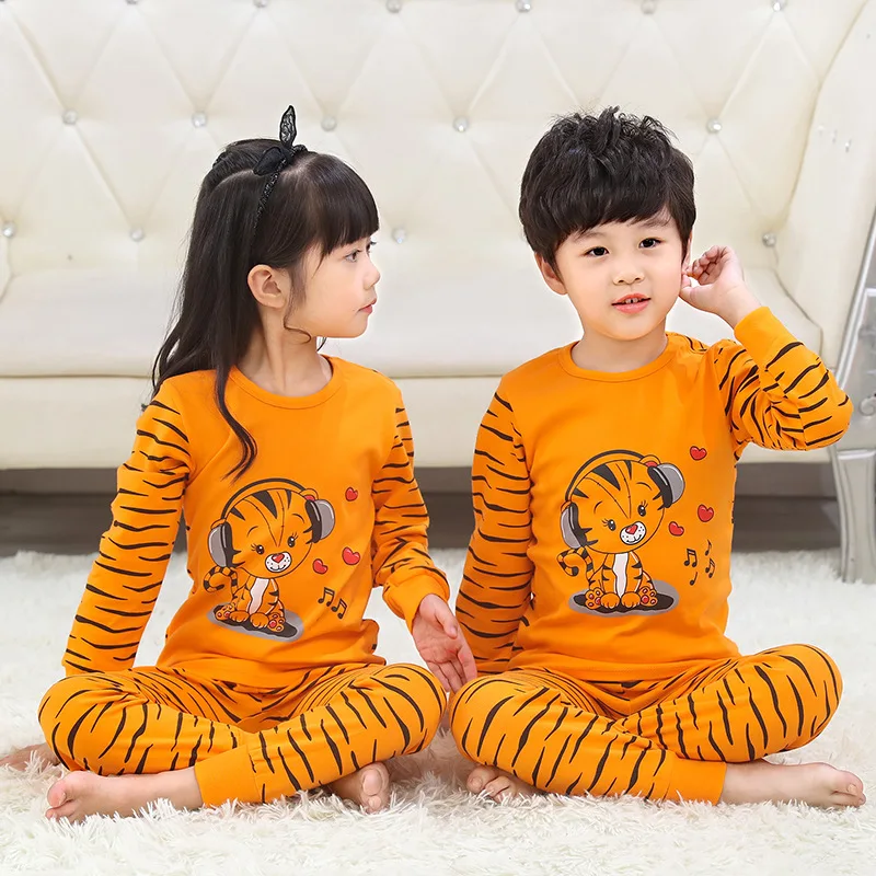 

Toddler Girls Set for Cotton Pajamas Baby Boys Underwear 2PCS Autumn New Teens Long Sleeved Sleepwear Kids Cartoon Tiger Clothes