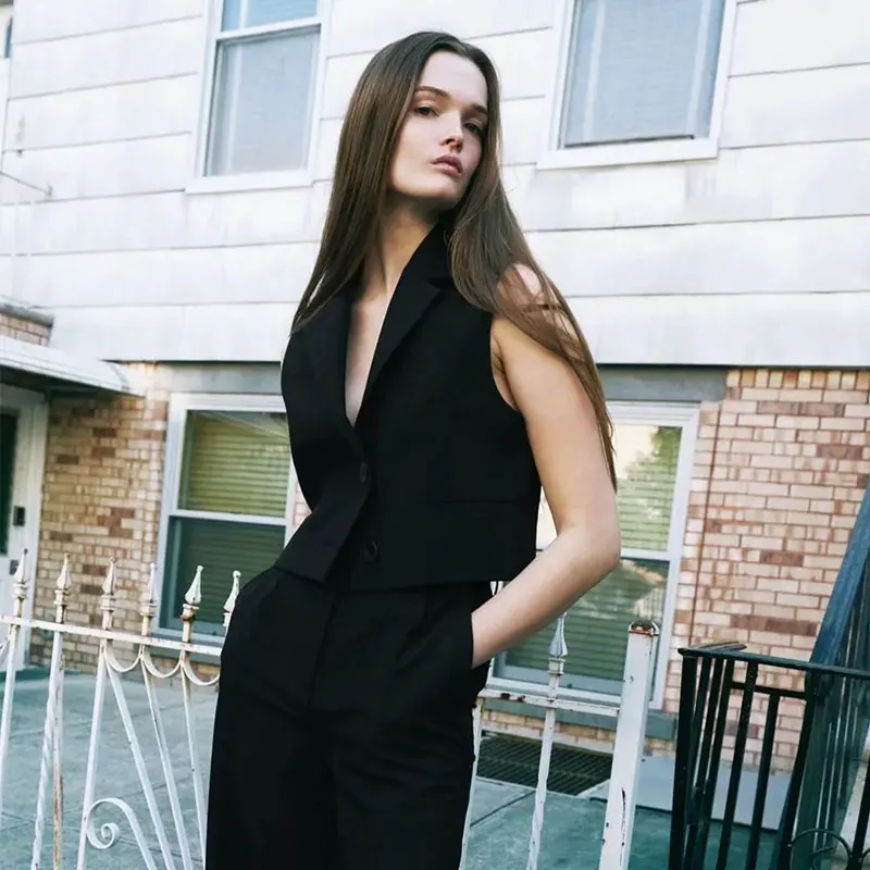 

Nlzgmsj Za женский 2021 черный однобортный укороченный жилет, винтажный костюм без рукавов с воротником, женский жилет 202109