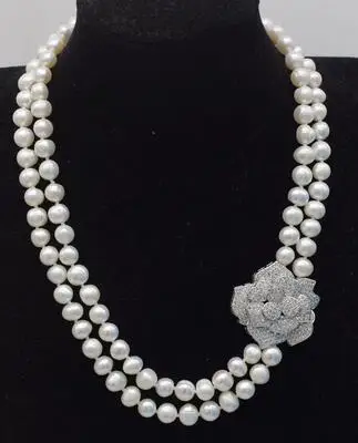 

2rows freshwater pearl white near round 8-9mm 18-19inch necklace wholesale FPPJ white zircon flower pendant