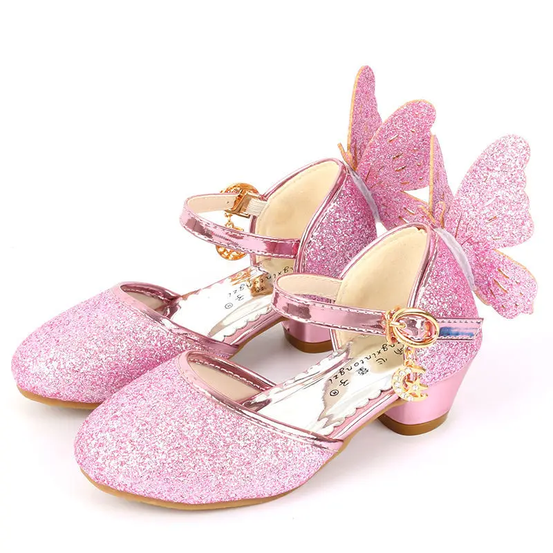 Summer Girls Shoes High Heels Sequin Leather Butterfly Children Princess Wedding Party Dance for Kids Sandals | Детская одежда и