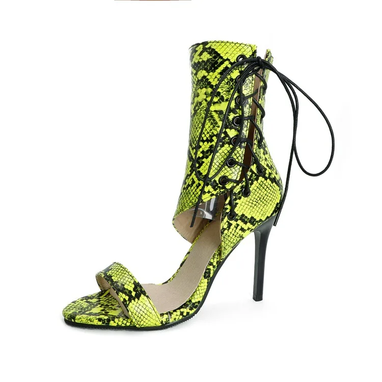 

New high-heeled sandals snake pattern leather color matching open toe Roman slim heel women's shoes