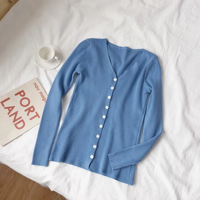 

Autumn Fashion Women V Neck T-shirt Single Breasted Knitted Cardigan Tops Lady Long Sleeve Tshirt Winter Thin Solid Sweatershirt