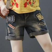 summer new retro loose embroidered high waist denim shorts womens elastic waist all match spring roll cut off pants