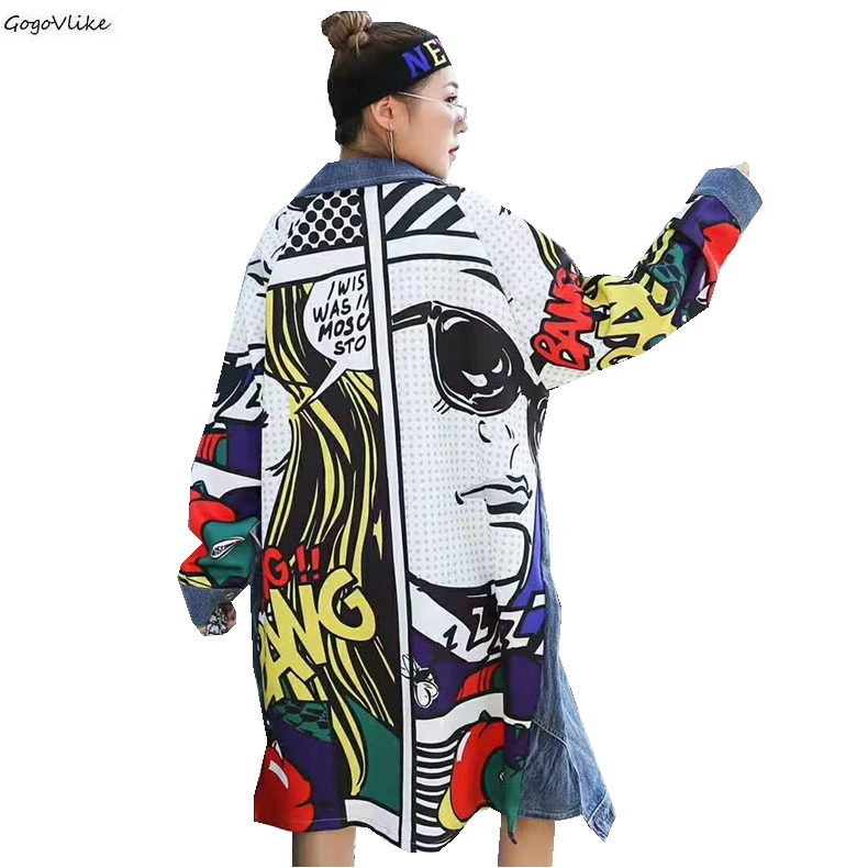 Harajuku Cartoon Patchwork Windbreaker Girls Vintage Women Long Denim Trench Coat Woman Spring Autumn Jeans Casaco LT141S30 | Женская
