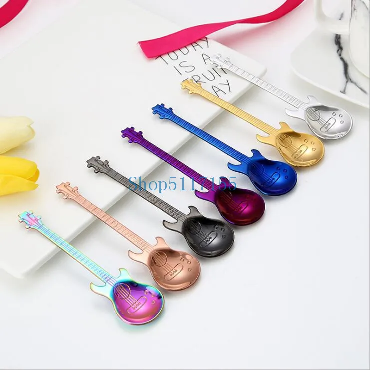 

DHL 200pcs Stainless Steel Spoon Coffee Guitar Shape Music Theme Tea Stirring Spoon Ice Cream Dessert Scoop