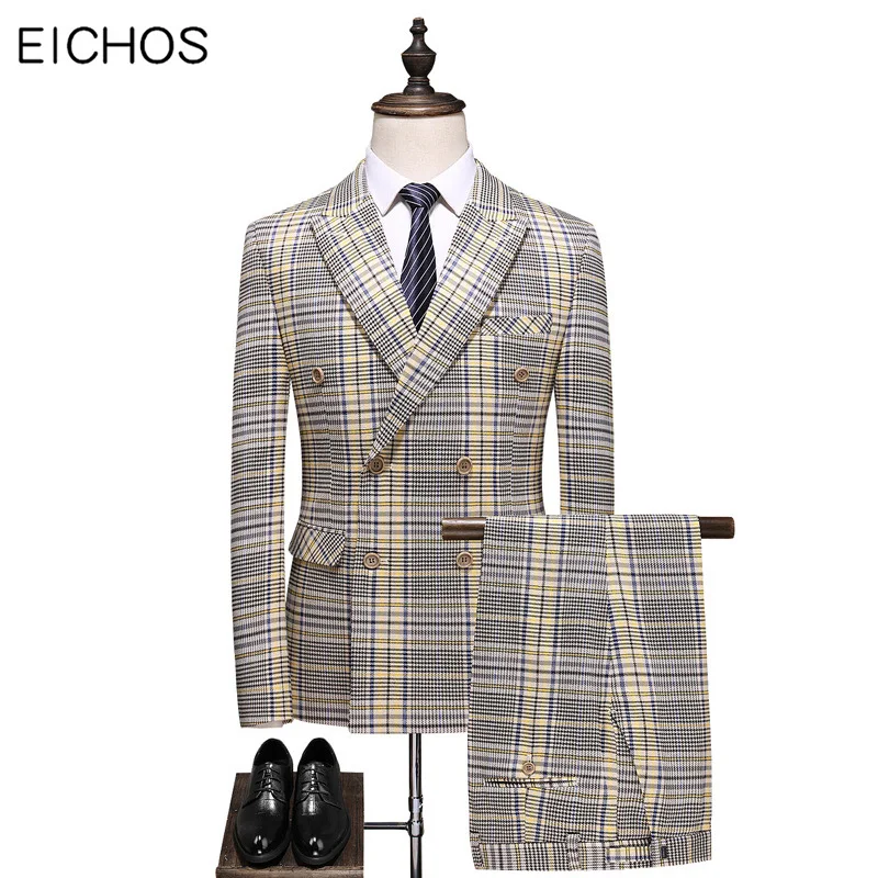 Модный двубортный костюм для мужчин 2020 клетчатая одежда в Корейском стиле