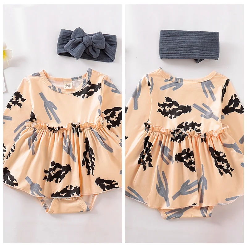 

2Piece Baby Cotton Rompers Spring Autumn Casual Baby Girl Printing Long Sleeve Bodysuits And Headband Kids Two-piece Outfit Set