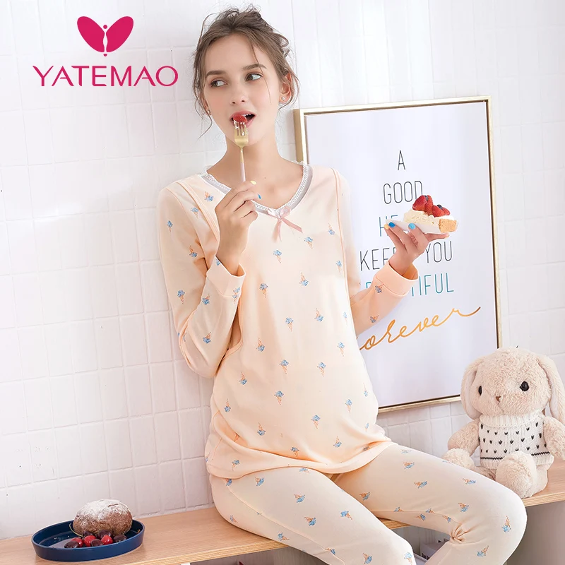 YATEMAO 2 шт./компл. утолщенной беременности и родам пижамные комплекты Топ и штаны, спортивный костюм Беременность пижамы кормящих ночная рубашка для беременных кормления Костюмы - Цвет: 1166-1