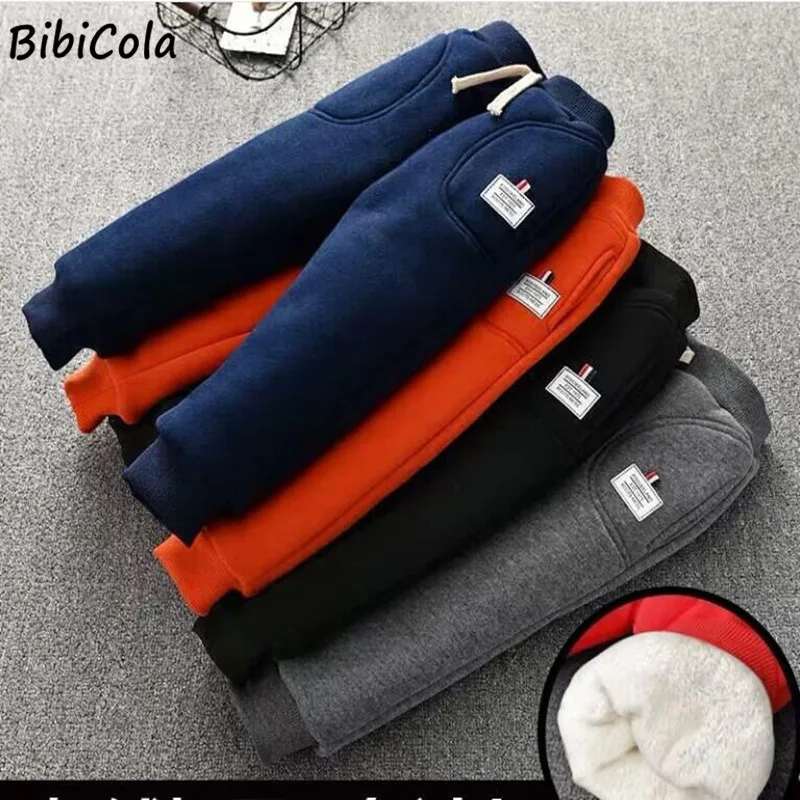 Детские осенне зимние теплые брюки BibiCola плотные бархатные штаны для мальчиков и