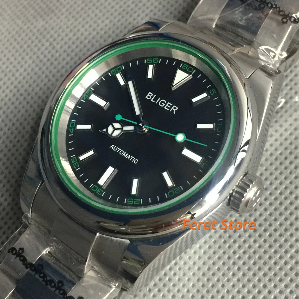 BLIGER 39mm Black green Automatic Men Watch 21 Jewels MIYOTA 8215 Movement Sapphire Crystal Steel Band Date Display