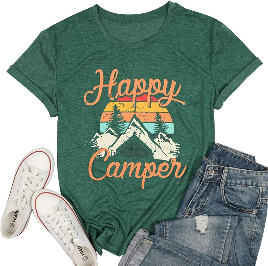 

Hot Selling Top Happy Camper Printed Round Neck Short Sleeve Women's T-shirt Ladies Tops Graphic Tee