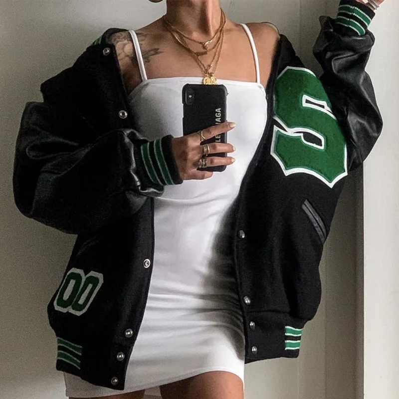 

Letter Print Embroidery Jacket For Women Fashion Harajuku Streetwear Loose Coats Casual 2021 Spring Autumn Baseball Uniform