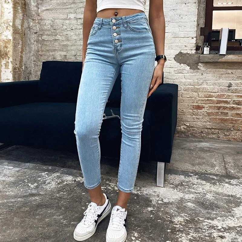 

Stretch High Waist Jeans Women 2021 New Skinny Slim Fashion Washed Trousers Female Denim Pencil Pants Elastic Ninth Pants