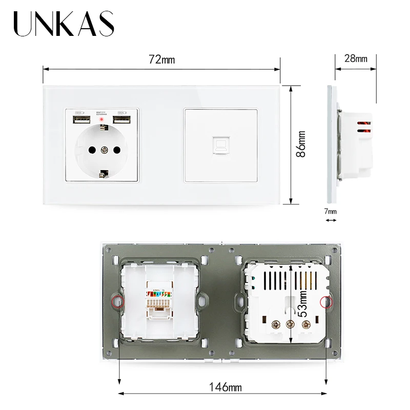 UNKAS электрическая розетка со стеклянной панелью европейского стандарта с 2 USB + 1