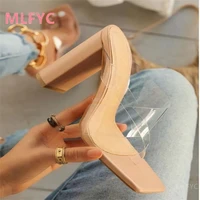 2021 summer new black square toe clip toe all match daily casual increase thick high heeled fashion sandals women