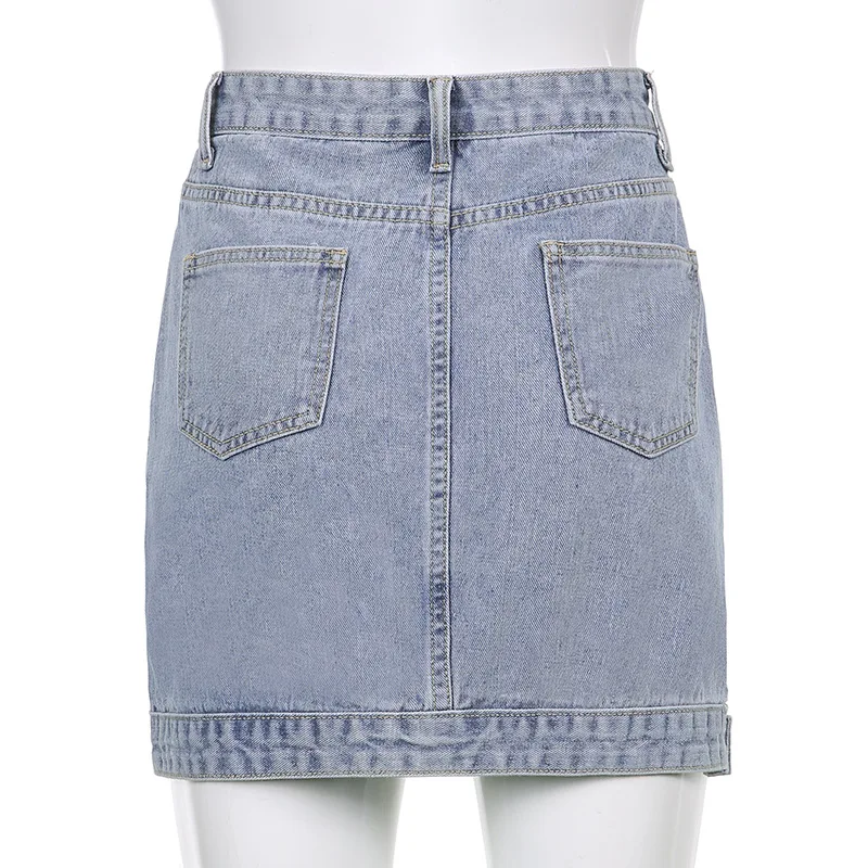 

WEPBEL Solid Color Denim Skirt Women's Casual Slim Fit Patchwork Skirt Summer Button High Waist Irregular Denim Skirt