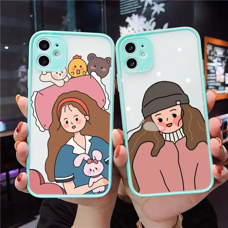

Aesthetic cartoon girl Phone Case Matte Transparent for iPhone 7 8 11 12 s mini pro X XS XR MAX Plus cover funda