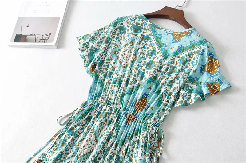Boho шикарное женское платье с цветочным принтом, с расклешенными рукавами, богемное хлопковое платье макси из вискозы, женское винтажное платье с v-образным вырезом на шнуровке и оборками