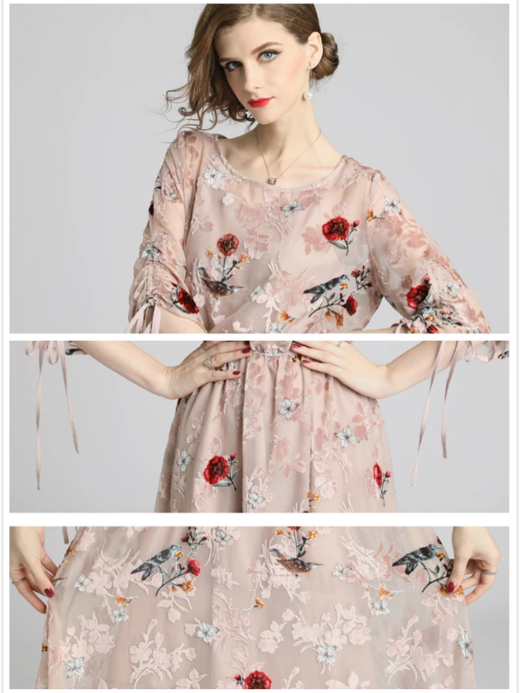 

Women's High Quality Mesh Embroidery Long Dresses Summer Elegant Bandage Casual Semi-sheer Midi Flower Women Dress Party Night