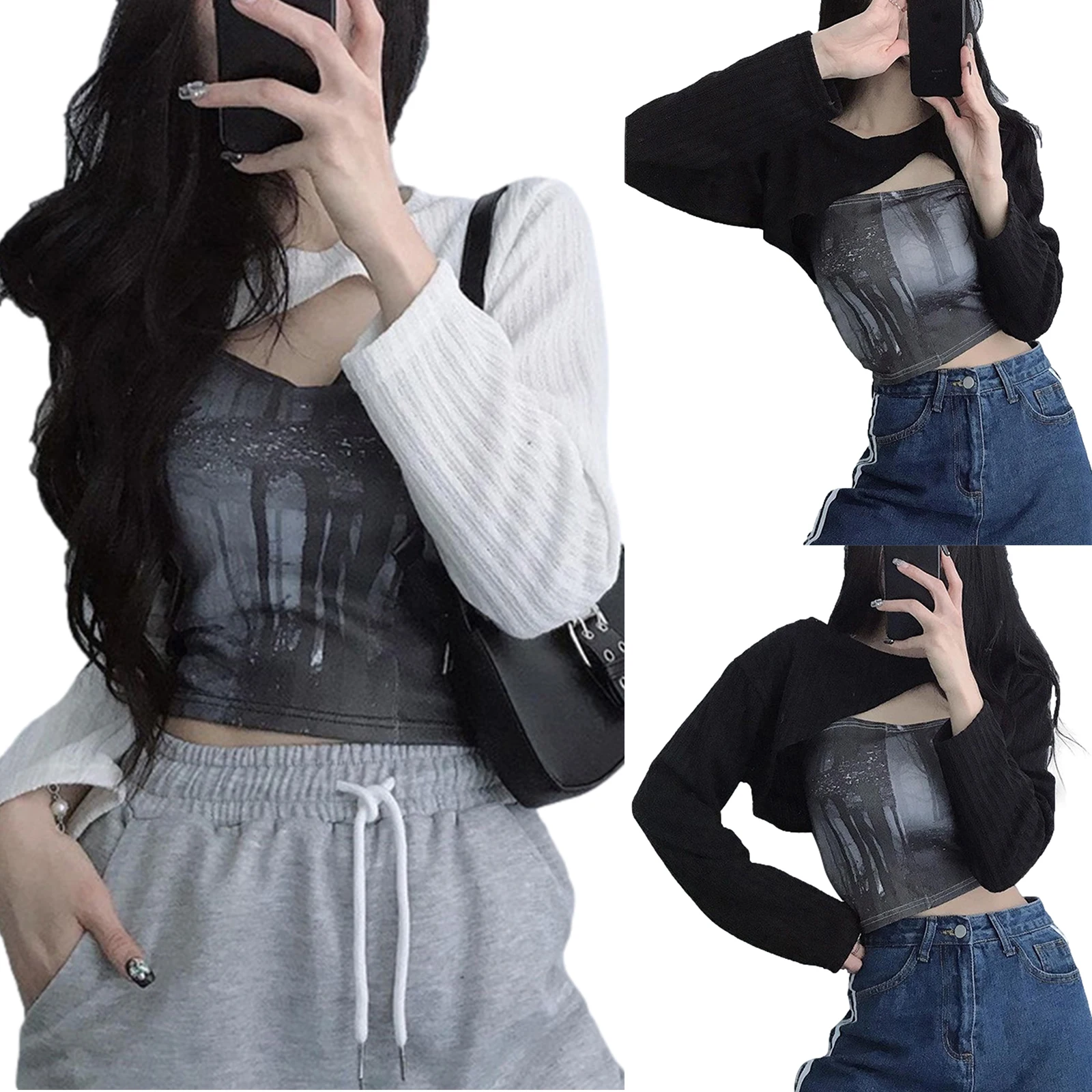 

2021 Ladies Autumn Knitted Tops, Girls Solid Color Round Collar Irregular Hem Long Sleeve Casual Loose Short Blouse Black White