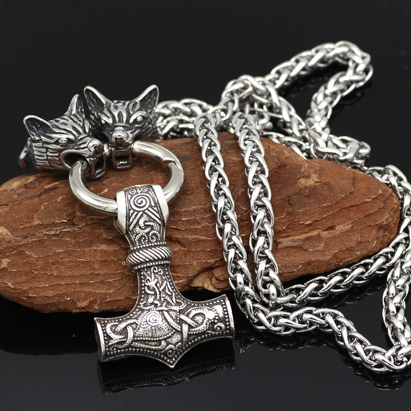 

Men Stainles Steel Vintage Viking Bear Head Thor Hammer Necklace Viking Titanium Steel Pendant Emperor Chain Amulet Jewelry Gift