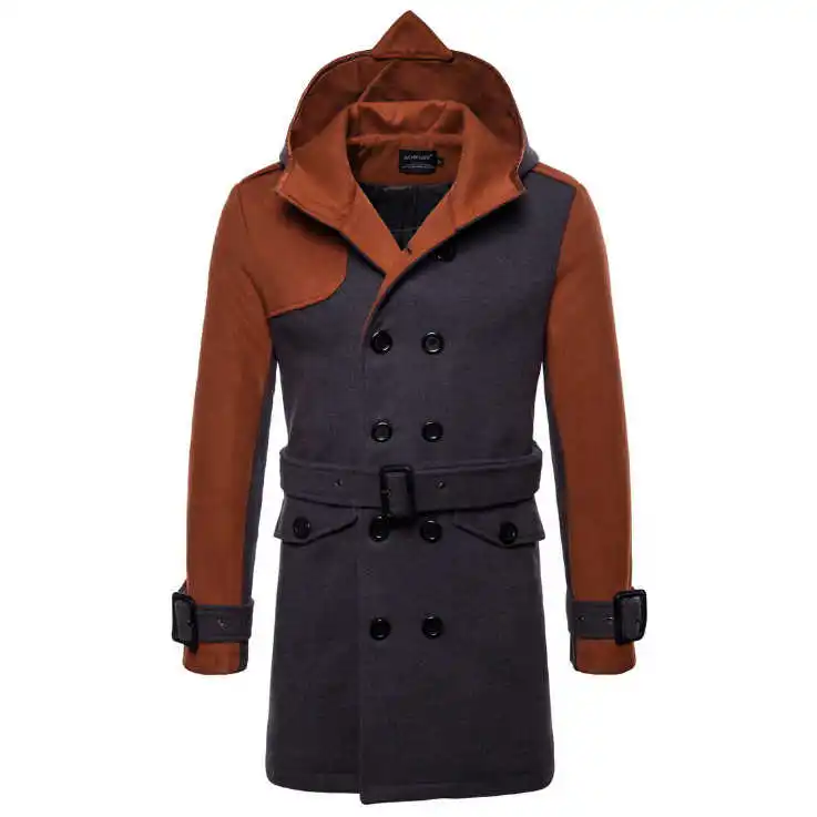 

Длинная ветровка в британском стиле, двубортное шерстяное пальто с капюшоном, мужская зимняя куртка с поясом из смешанной шерсти