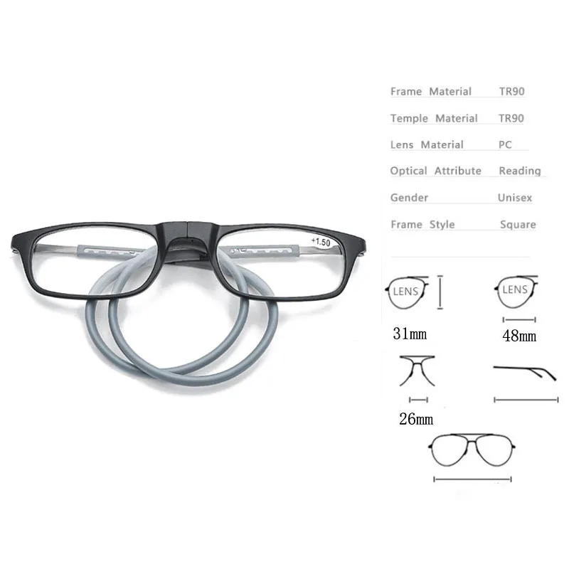 Unisex Magnet Neck Hanging Reading Glasses Men And Women Foldable Upgraded Presbyopia Glasses+1.00+1.25+1.50+1.75+2.00+2.25+2.5