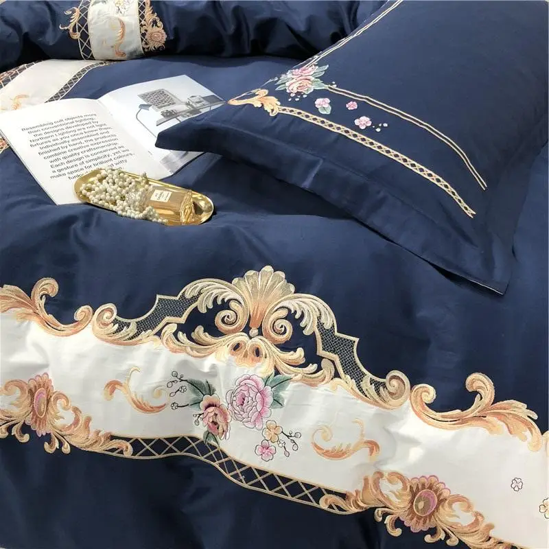 34 синий розовый Роскошные 60S Египетский хлопок Королевский вышивка Постельное