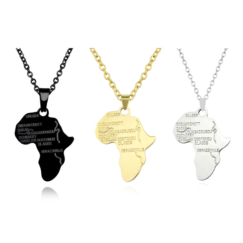 

3 Color Trendy Africa Map Shape Pendant Necklace Women's Fashion Jewelry Statement Alloy Metal Gold Silver Color Chain Necklaces
