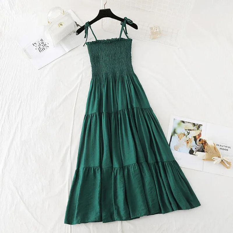 

High Quality Cotton Linen Spaghetti Strap Dress Women 2021 Summer Solid color Sexy Dresses Vintage Slim Ruffle Long Dress
