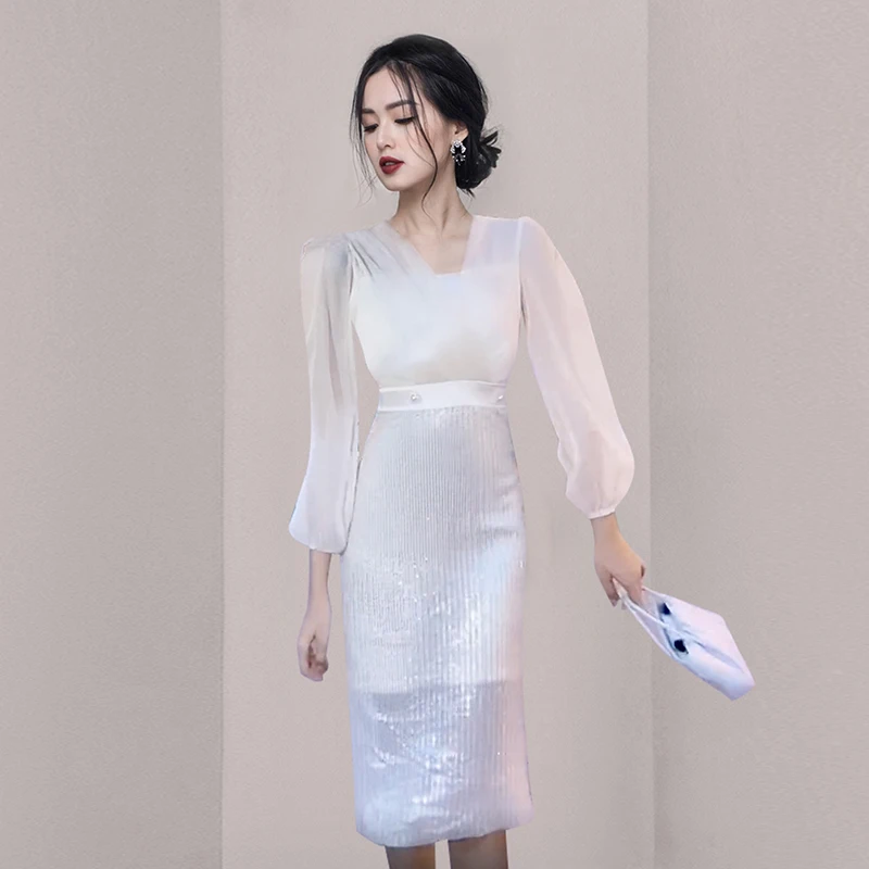 

Autumn Elegant V Collar Simple Splicing Chic Dress Women’s Designer High Waist Office Bodycon Casual Pencil Dresses Vestidos