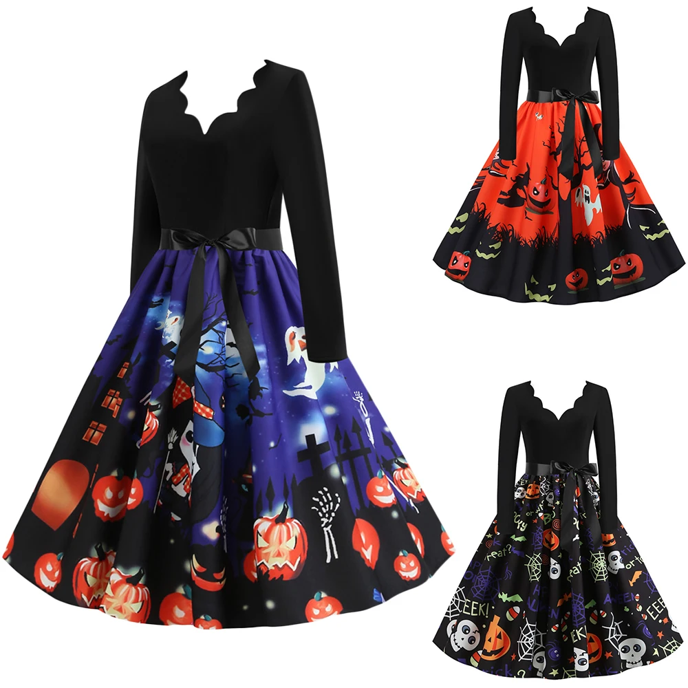 Женское винтажное платье с v образным вырезом и длинным рукавом в стиле ретро на