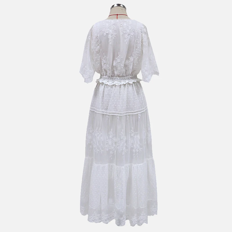 

Sweet Prairie robe en dentelle blanche Chic pour femmes, manches courtes, col en v, ligne a, fine, longueur cheville