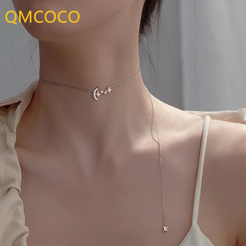 Creative Design Simple Trendy Necklace Micro Zircon Moon Star Pendant Short Clavicle Necklace For Women Choker Ornaments