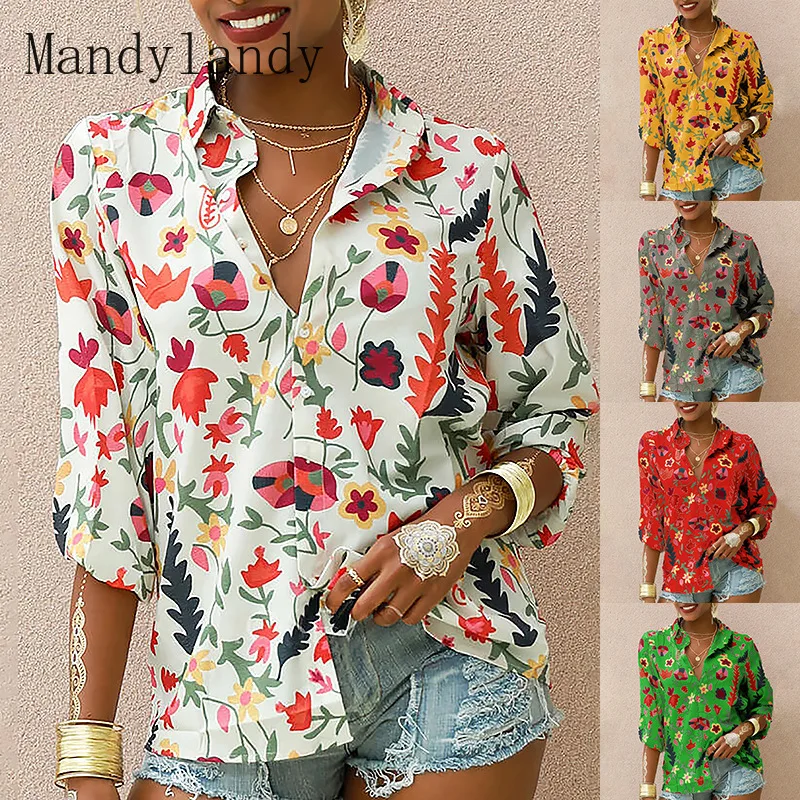 

Mandylandy Women Summer Print Loose Shirt Top Ladies Elegant Fashion Long Sleeve Turn Down Collar Single Breasted Blouse T-shirt