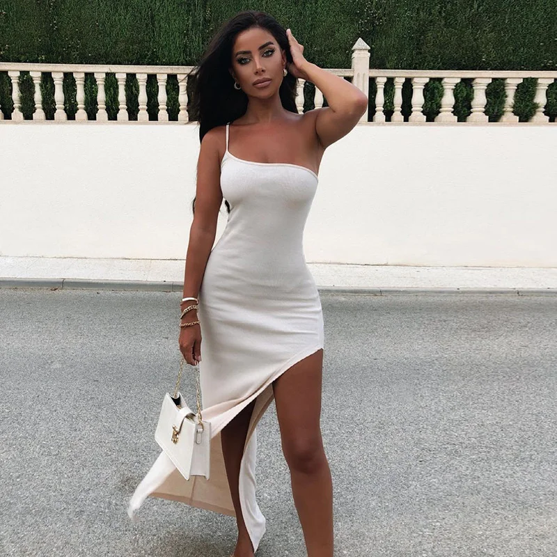 

Aushiya High Split One Shoulder Summer Women Dress 2021 Sleeveless Backless Dresses Fashion White Sexy Streetwear Female Vestido