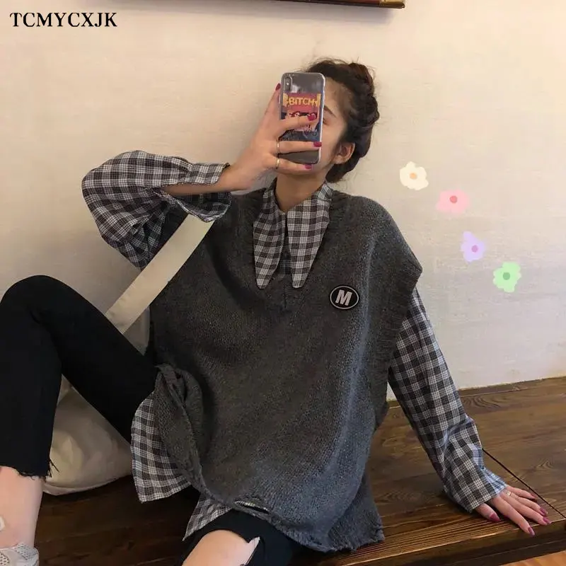 

Цельный костюм/рубашка Весна-Осень 2021 Новинка свободная клетчатая рубашка с длинным рукавом + вязаный жилет Женский Повседневный свитер из ...