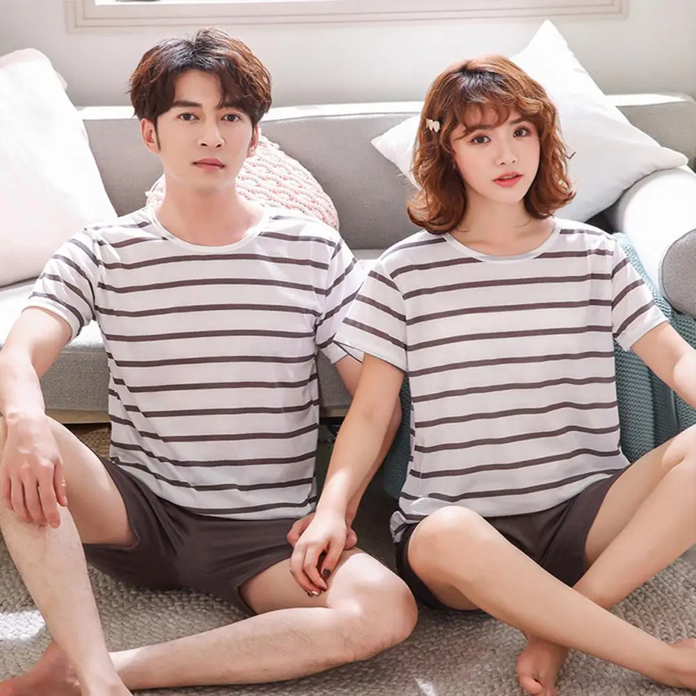 

MISSKY Men Women Couple Pajamas Summer Striped Short-Sleeved Round Neck Loose Thin Section Female Male Sleepwear