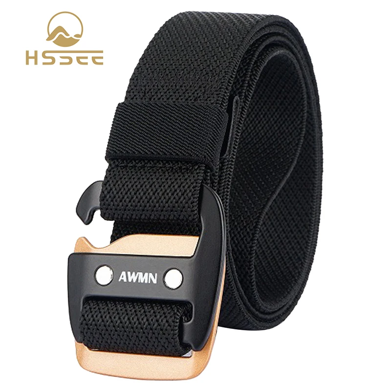 

HSSEE 3.4cm Elastic Belt for Men and Women Gold Metal Buckle Brown Casual Belt Tight Nylon Stretch Jeans Waistband Girdle Male