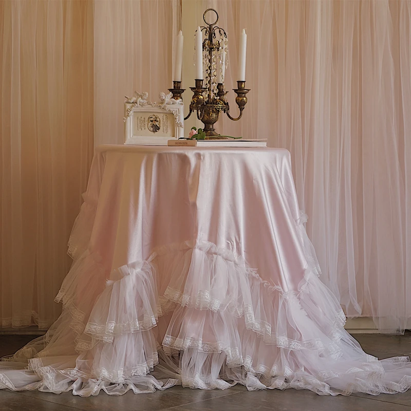 

Retro Pink Tablecloth Lace Satin Multi-layer Ruffled Table Cover European Romantic Creativity Birthday Party Wedding Cover Towel