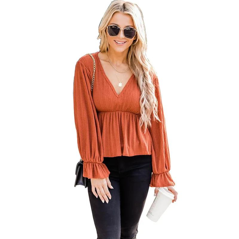 

2021 Loose Casual Women's Fall/winter New Product Pullover Solid Color Pleated V-neck Flared Sleeve Y2k Top Bottoming Goth Shirt