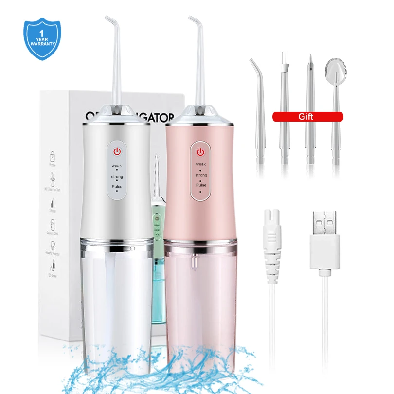 Oral Irrigator Cordless Dental Portable Water Flosser 240mL USB Rechargeable Teeth Cleaner for Braces Bridge Care 4 Nozzles