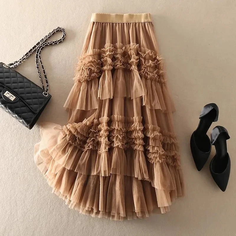 

NONSAR Romantic Mesh Cake Irregular Skirt Women New Victorian Style Fashion Solid Color Skirt