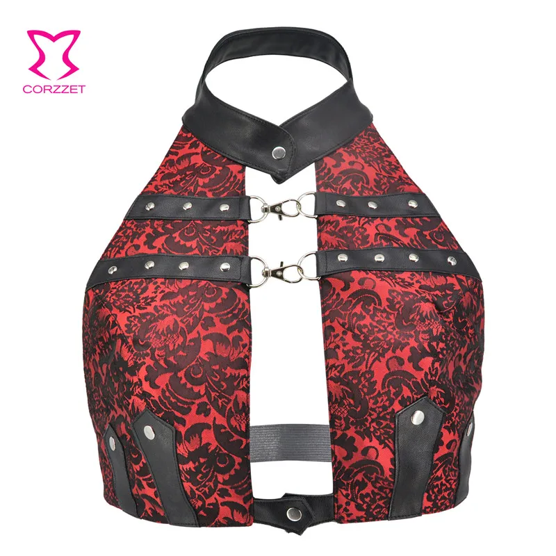 

Сексуальный топ-Холтер из искусственной кожи в стиле стимпанк, красная парча и черный топ с открытой спиной, Женская винтажная одежда, разме...